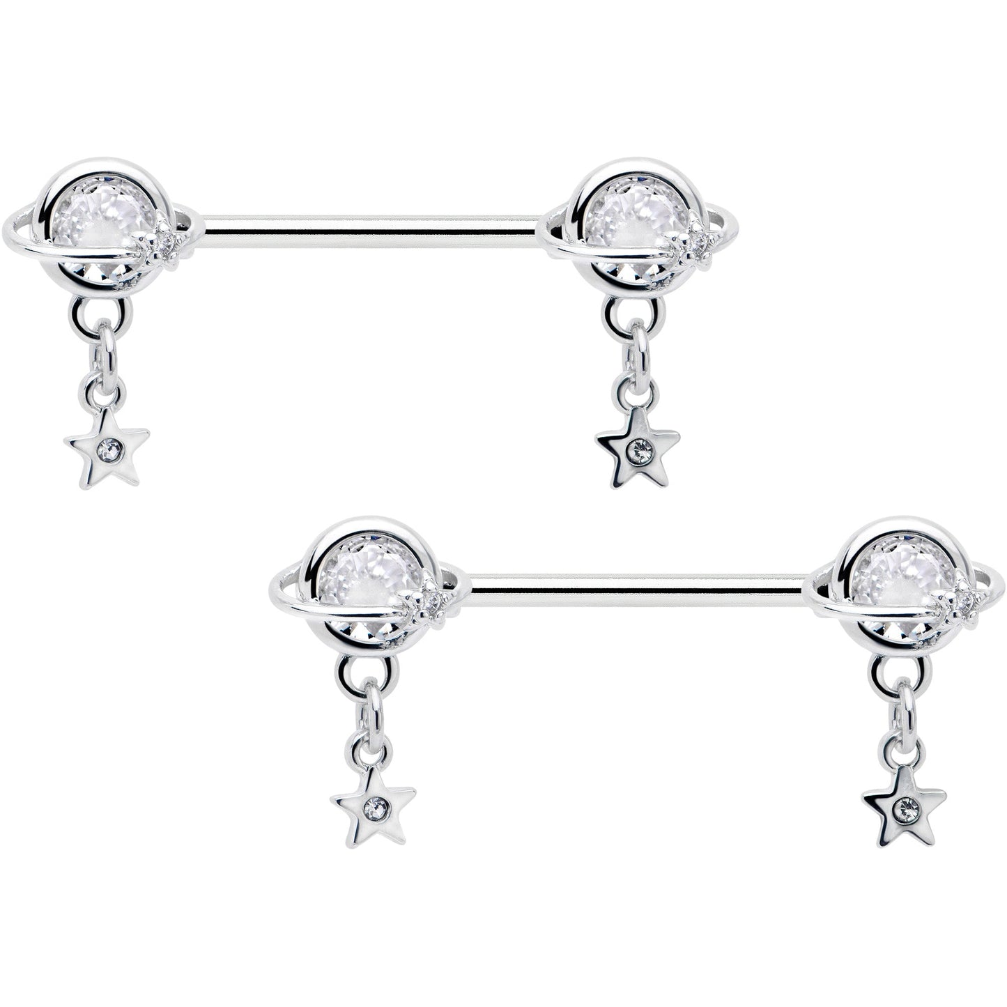 14G 9/16 Clear CZ Gem Starry Saturn Dangle Nipple Ring Set