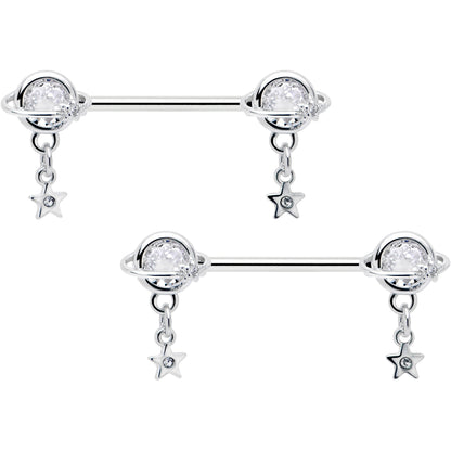 14G 9/16 Clear CZ Gem Starry Saturn Dangle Nipple Ring Set