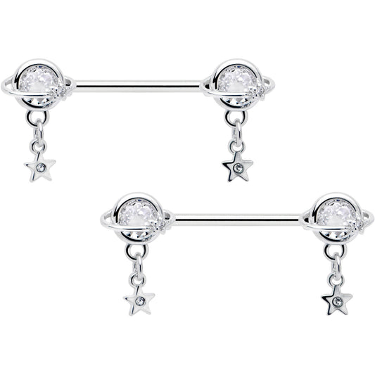 14G 9/16 Clear CZ Gem Starry Saturn Dangle Nipple Ring Set