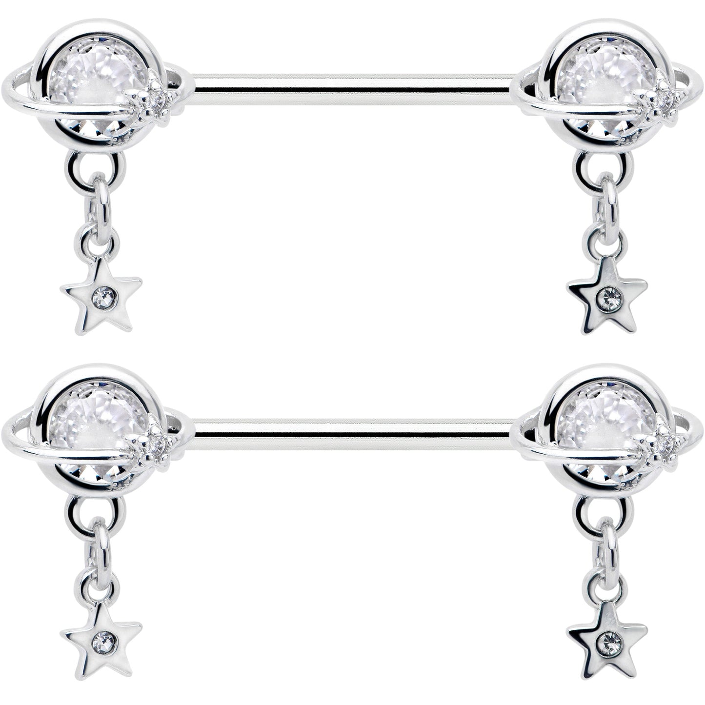 14G 9/16 Clear CZ Gem Starry Saturn Dangle Nipple Ring Set