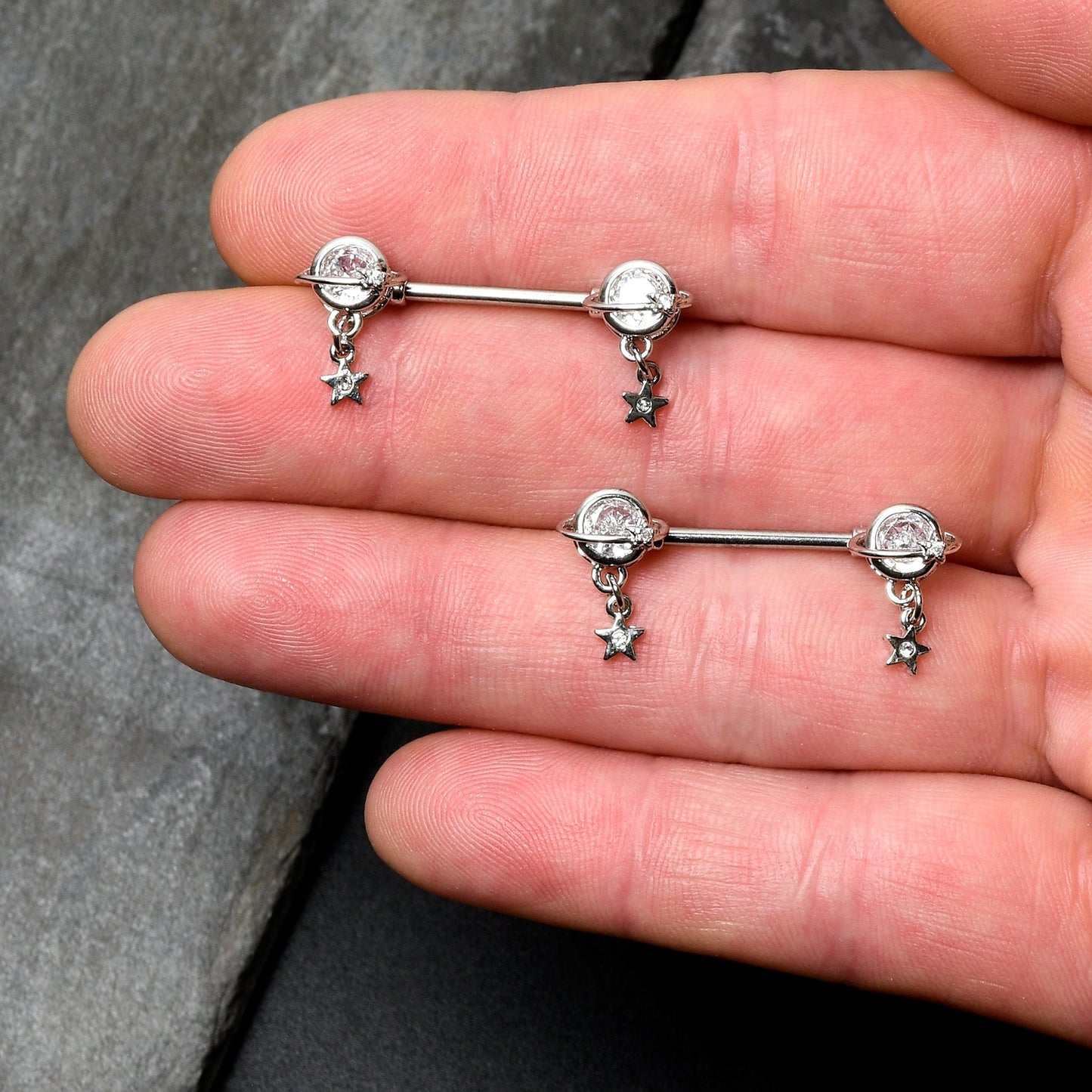 14G 9/16 Clear CZ Gem Starry Saturn Dangle Nipple Ring Set