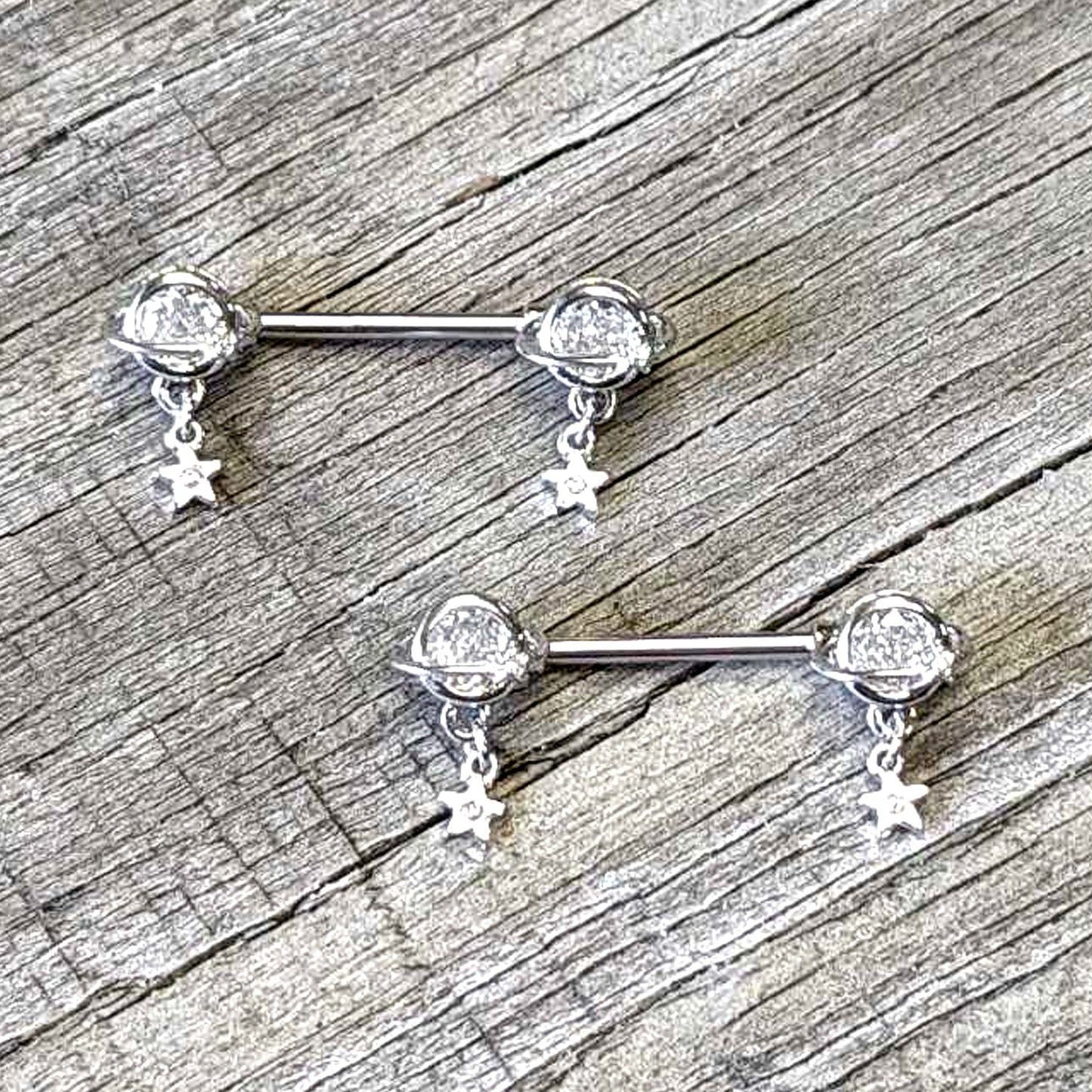 14G 9/16 Clear CZ Gem Starry Saturn Dangle Nipple Ring Set
