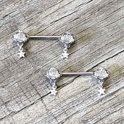 14G 9/16 Clear CZ Gem Starry Saturn Dangle Nipple Ring Set