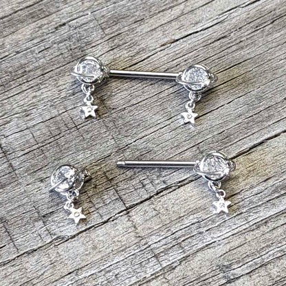 14G 9/16 Clear CZ Gem Starry Saturn Dangle Nipple Ring Set