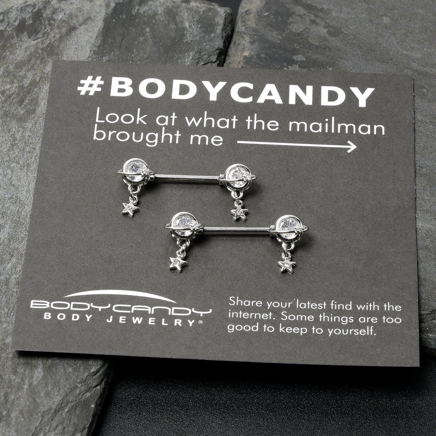 14G 9/16 Clear CZ Gem Starry Saturn Dangle Nipple Ring Set