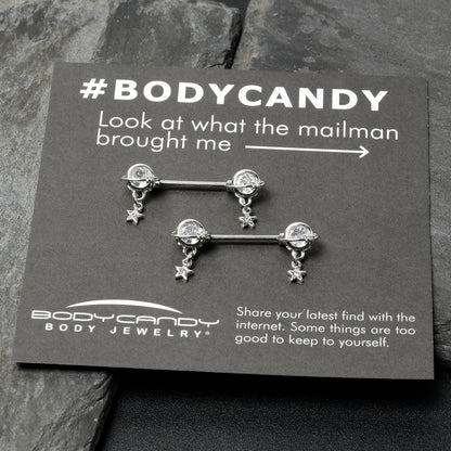 14G 9/16 Clear CZ Gem Starry Saturn Dangle Nipple Ring Set