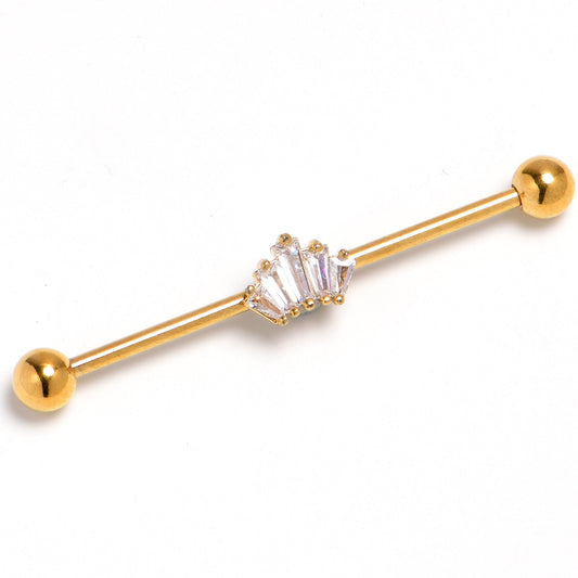 14G Clear CZ Gem Gold Tone Regal Rectangles Industrial Barbell 38mm