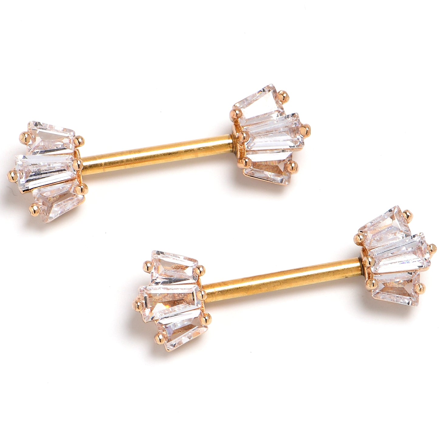14G 9/16 Clear CZ Gem Gold Tone Regal Rectangles Nipple Ring Set