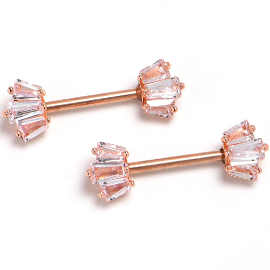14G 9/16 Clear CZ Gem Rosy Tone Regal Rectangles Nipple Ring Set