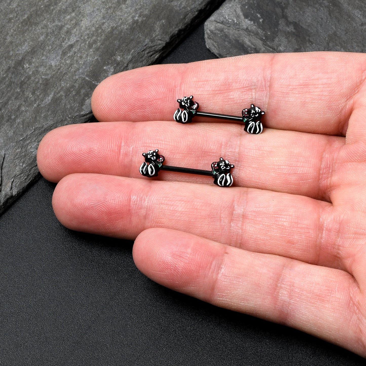 14G 9/16 Black Funky Skunk Barbell Nipple Ring Set