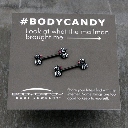14G 9/16 Black Funky Skunk Barbell Nipple Ring Set