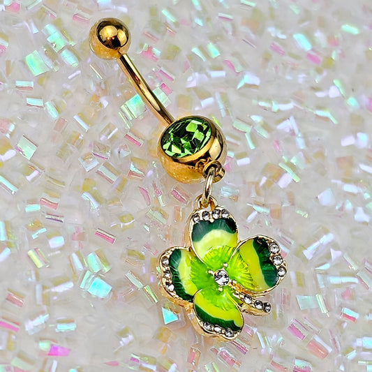 Clear Green Gem Gold Tone Lucky Shamrock Dangle Belly Ring