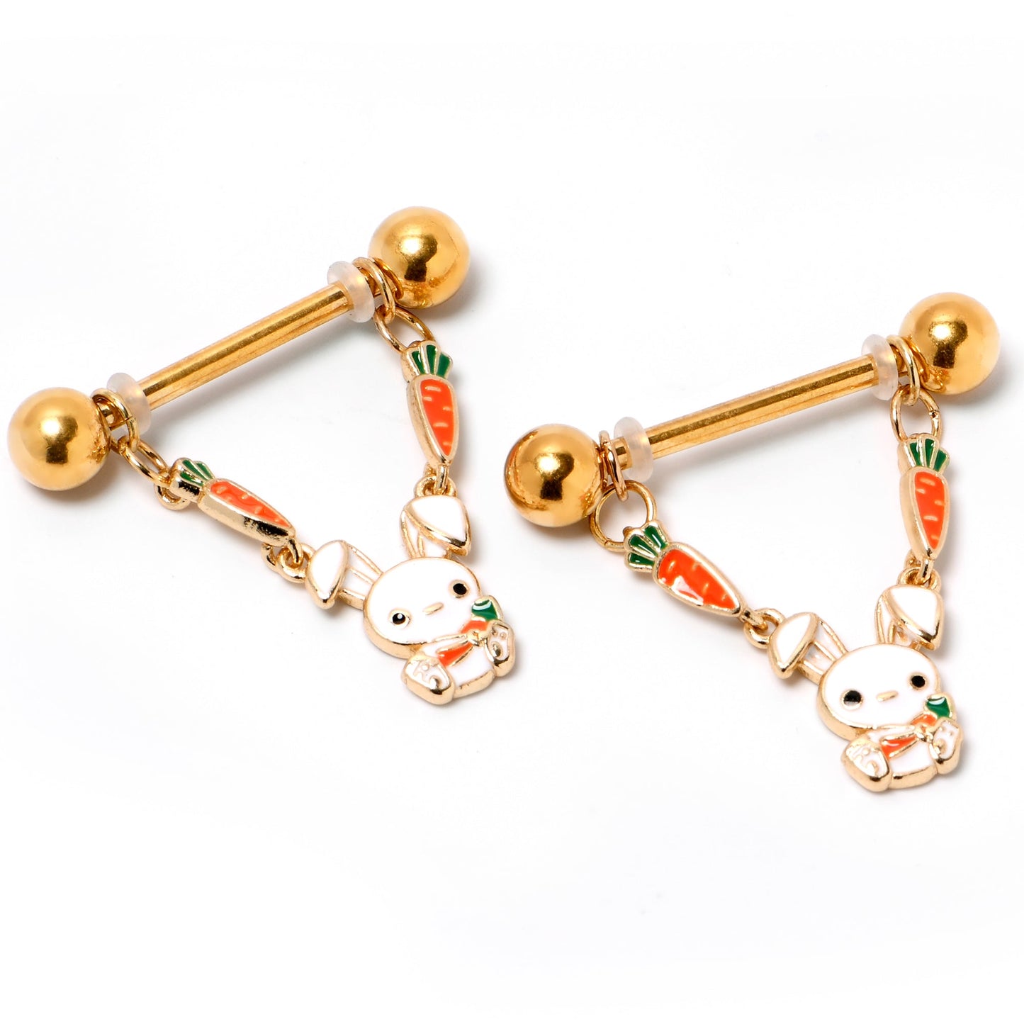14G 9/16 Gold Tone Cutie Easter Bunny Dangle Nipple Ring Set