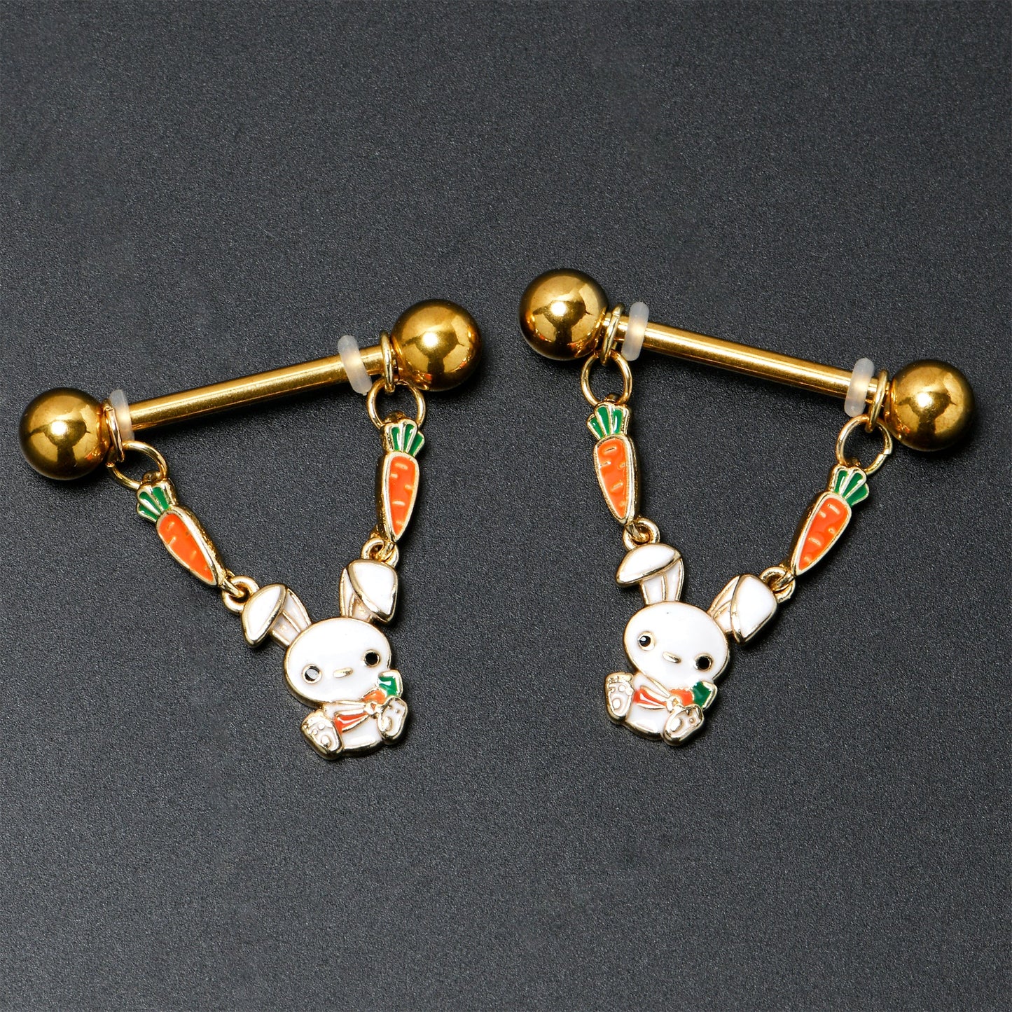 14G 9/16 Gold Tone Cutie Easter Bunny Dangle Nipple Ring Set