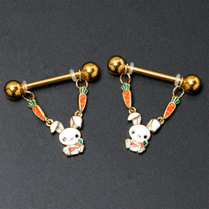 14G 9/16 Gold Tone Cutie Easter Bunny Dangle Nipple Ring Set