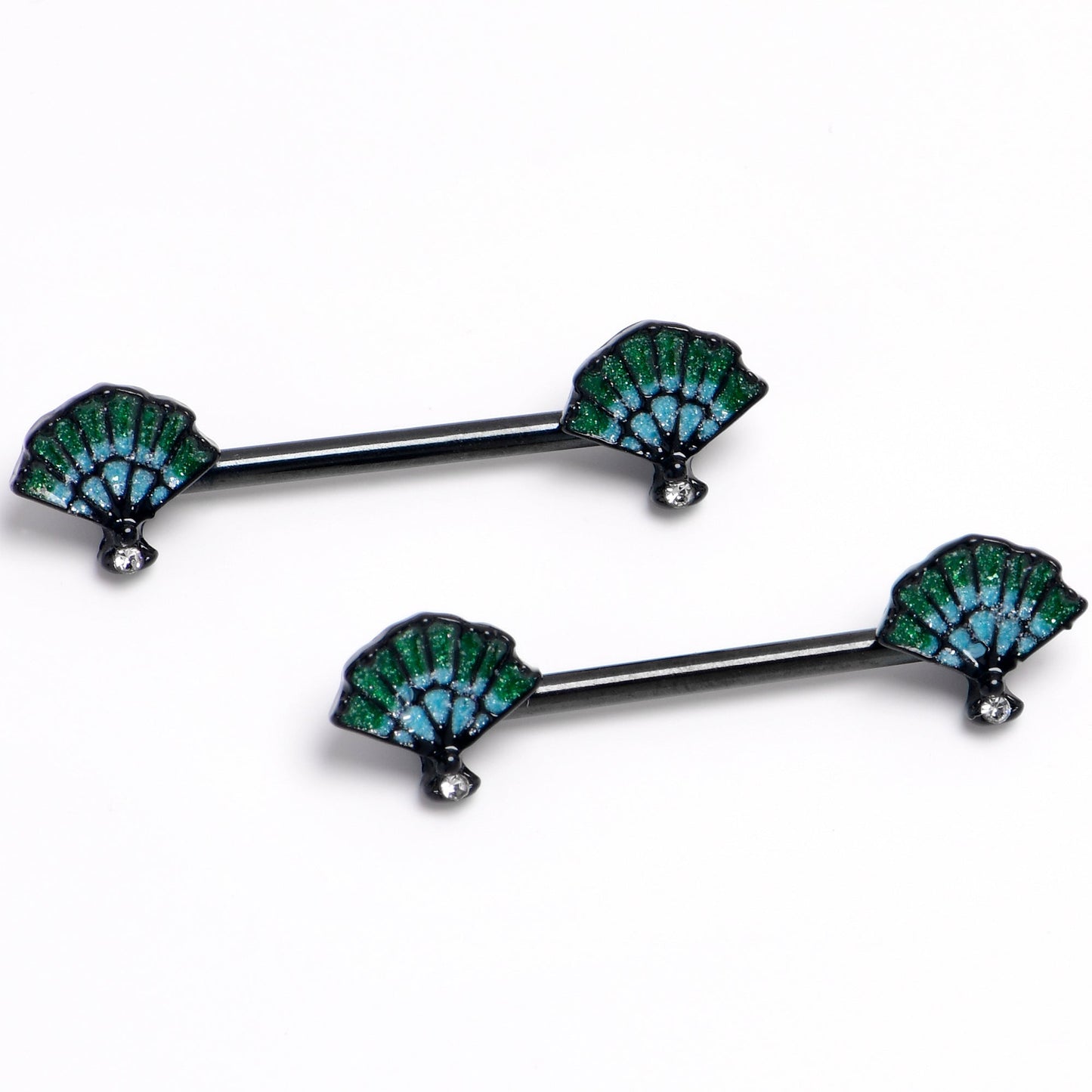 14G 9/16 Black PVD Serenity Ocean Magic Sea Shells Barbell Nipple Ring Set