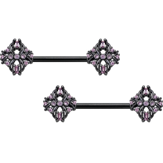14G 9/16 Pink Gem Black Opulent Cross Barbell Nipple Ring Set
