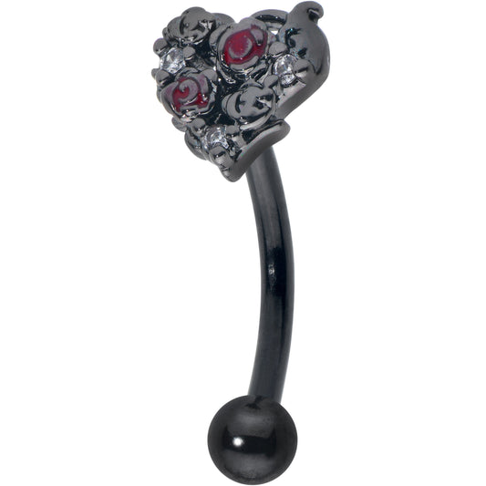 16G 5/16 Red Clear Gem Black Floral Heart Curved Eyebrow Ring