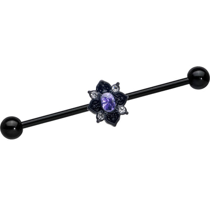 14G Purple Gem Black Scrolling Hearts Industrial Barbell 38mm