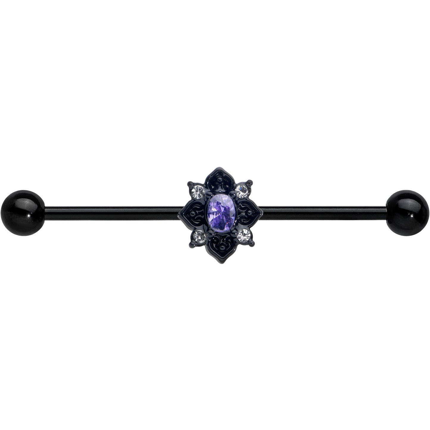 14G Purple Gem Black Scrolling Hearts Industrial Barbell 38mm