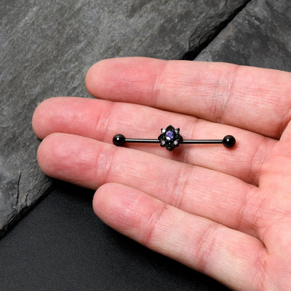 14G Purple Gem Black Scrolling Hearts Industrial Barbell 38mm