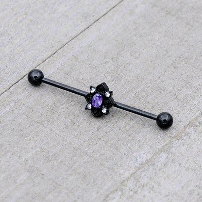 14G Purple Gem Black Scrolling Hearts Industrial Barbell 38mm
