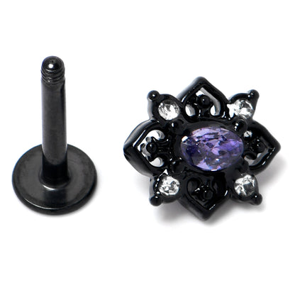 16G 5/16 Purple Gem Black Scrolling Hearts Labret Monroe Tragus