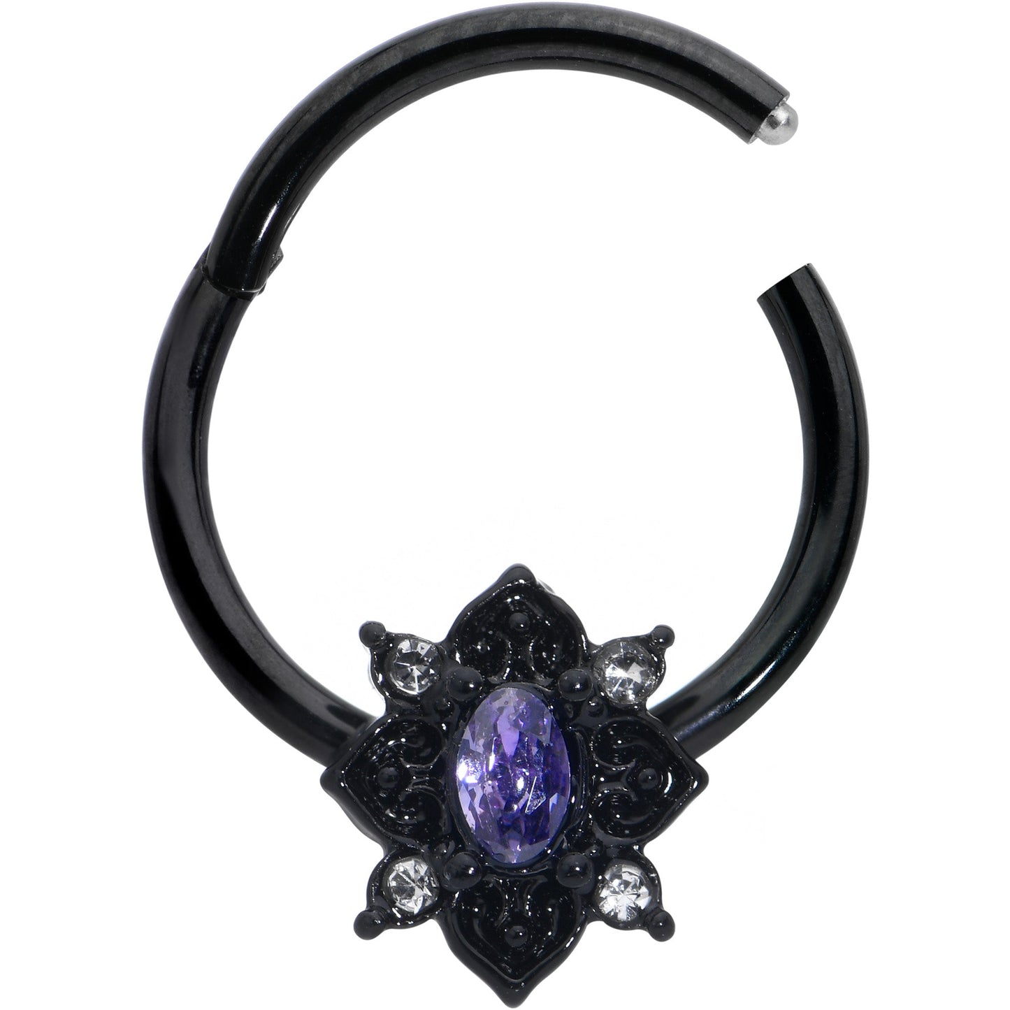 16G 3/8 Purple Gem Black Scrolling Hearts Hinged Segment Ring