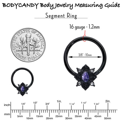 16G 3/8 Purple Gem Black Scrolling Hearts Hinged Segment Ring