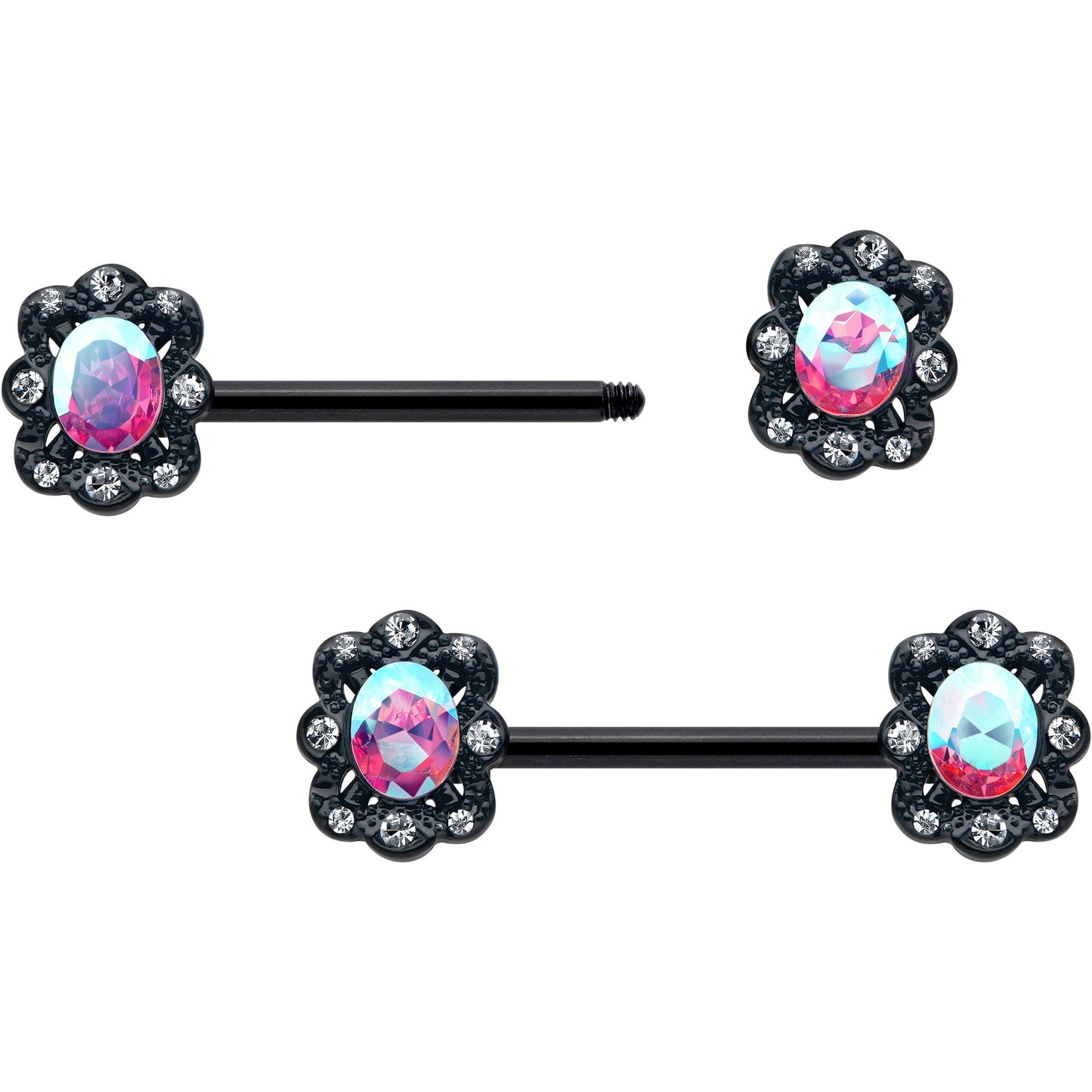 14G 9/16 Aurora Gem Black Filigree Fantasy Barbell Nipple Ring Set