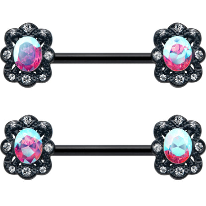 14G 9/16 Aurora Gem Black Filigree Fantasy Barbell Nipple Ring Set