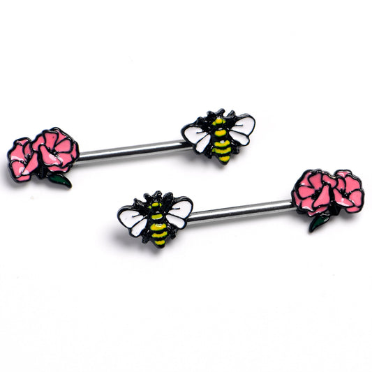 14G 9/16 Busy Bee Flower Barbell Nipple Ring Set