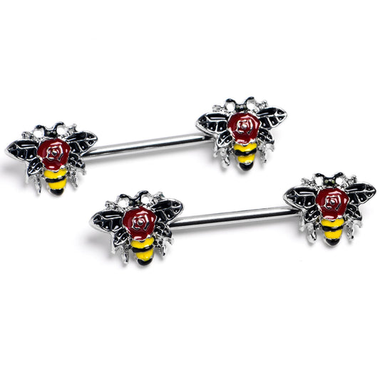 14G 9/16 Buzzing Bee Rose Flower Barbell Nipple Ring Set