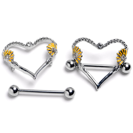 14G 9/16 Alluring Sparking Gem Floral Heart Nipple Shield Set