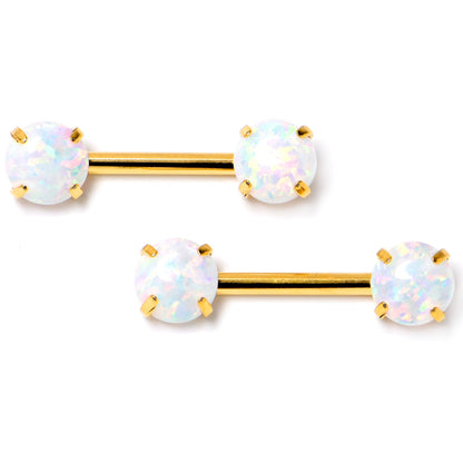 14G 1/2 White Synthetic Opal Gold Tone Threadless Nipple Ring Set