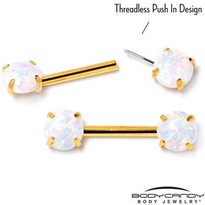 14G 1/2 White Synthetic Opal Gold Tone Threadless Nipple Ring Set