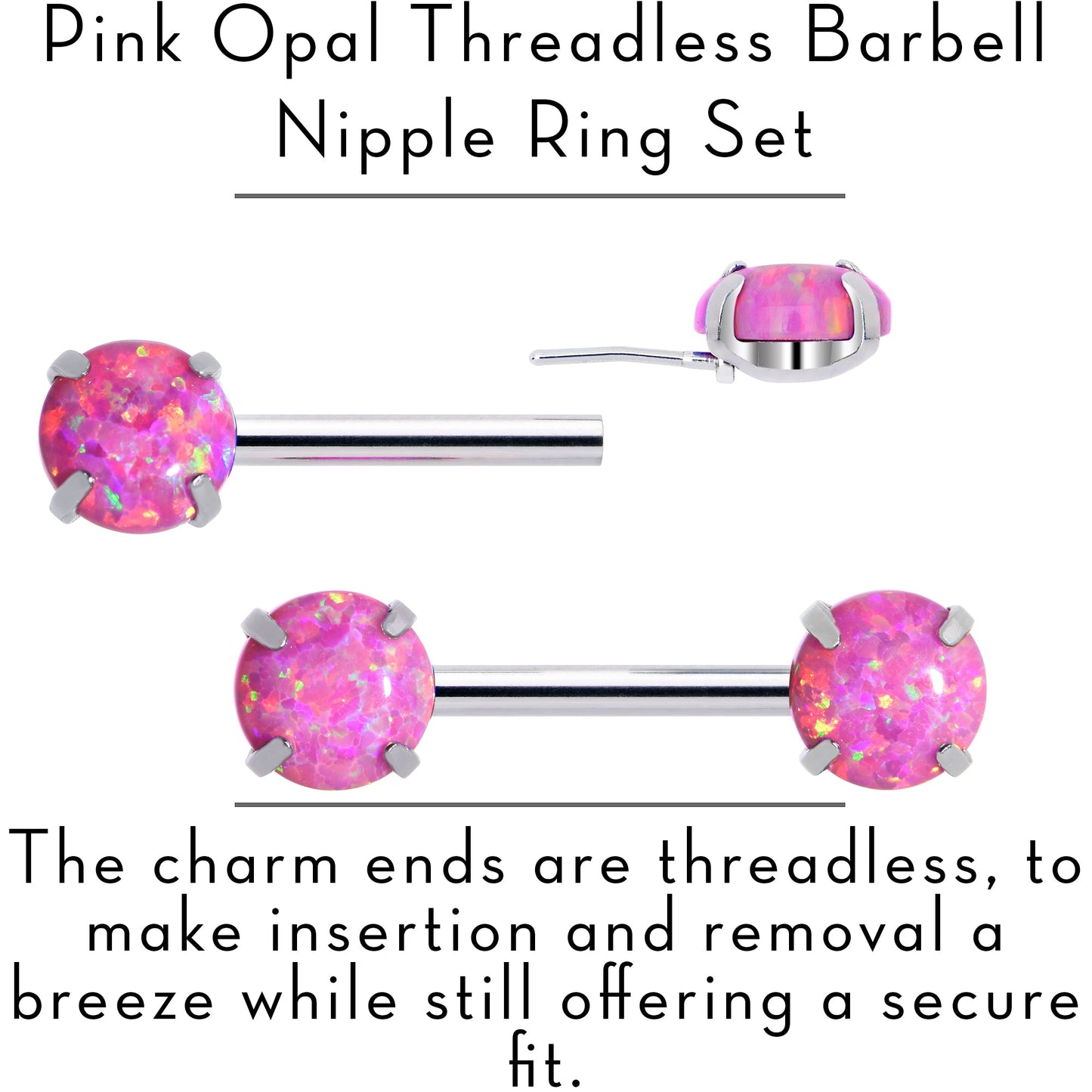 14G 1/2 Pink Synthetic Opal Threadless Barbell Nipple Ring Set