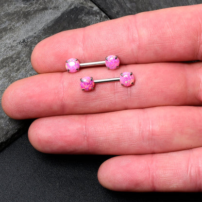14G 1/2 Pink Synthetic Opal Threadless Barbell Nipple Ring Set