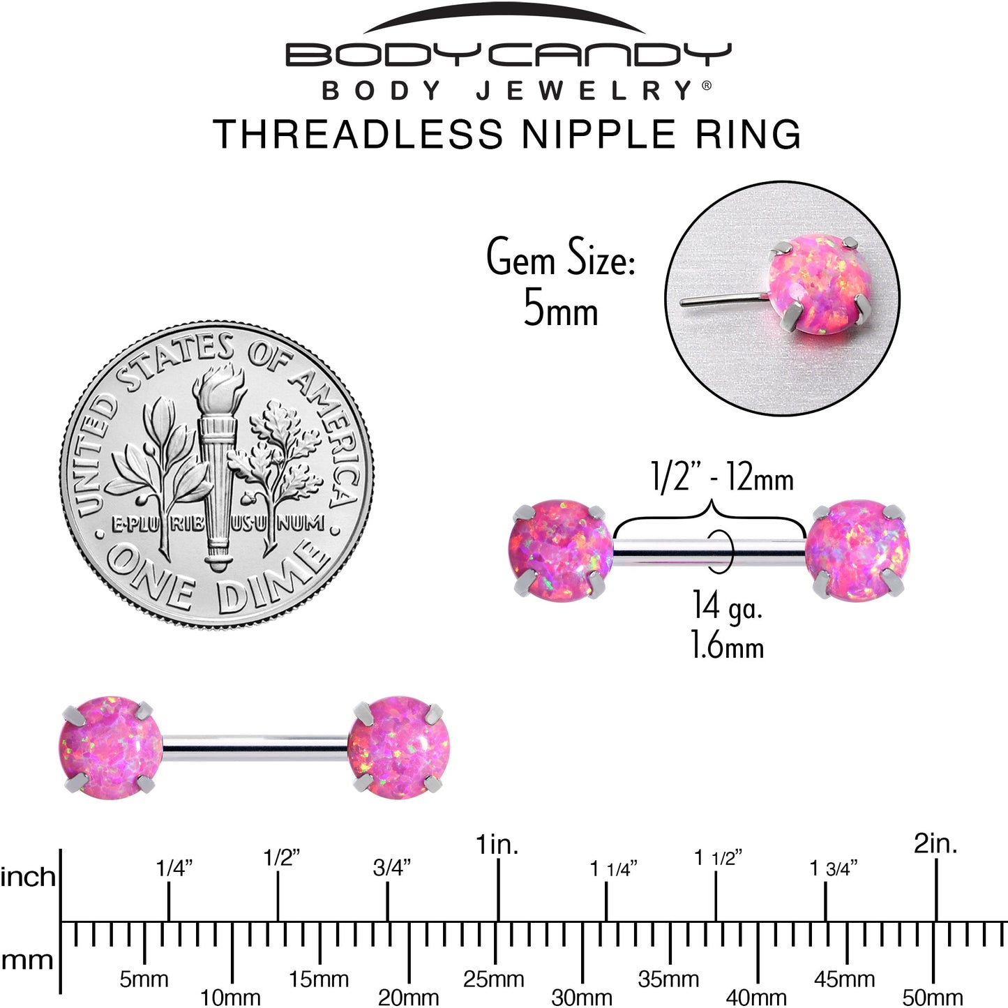 14G 1/2 Pink Synthetic Opal Threadless Barbell Nipple Ring Set