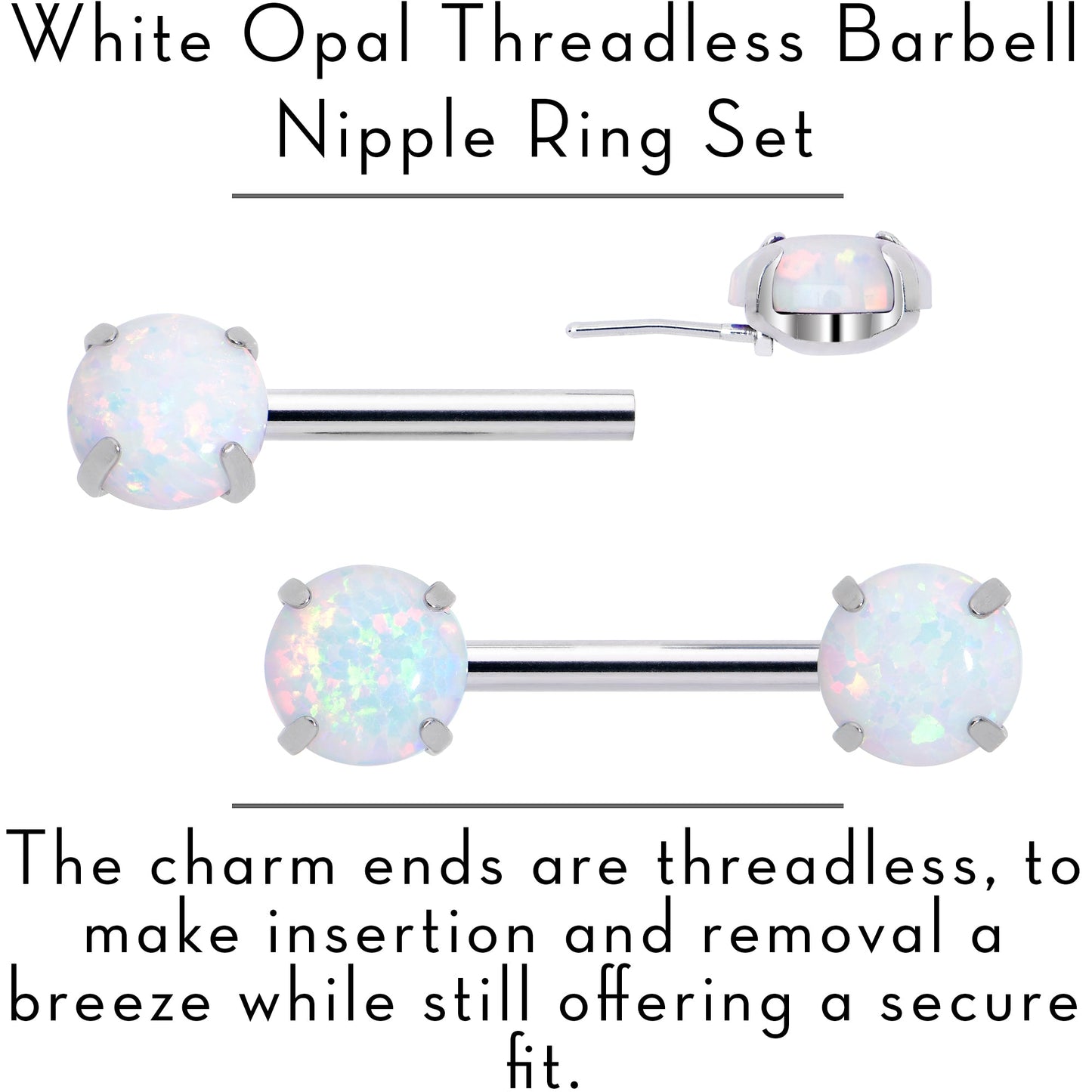 14G 1/2 White Synthetic Opal Threadless Barbell Nipple Ring Set