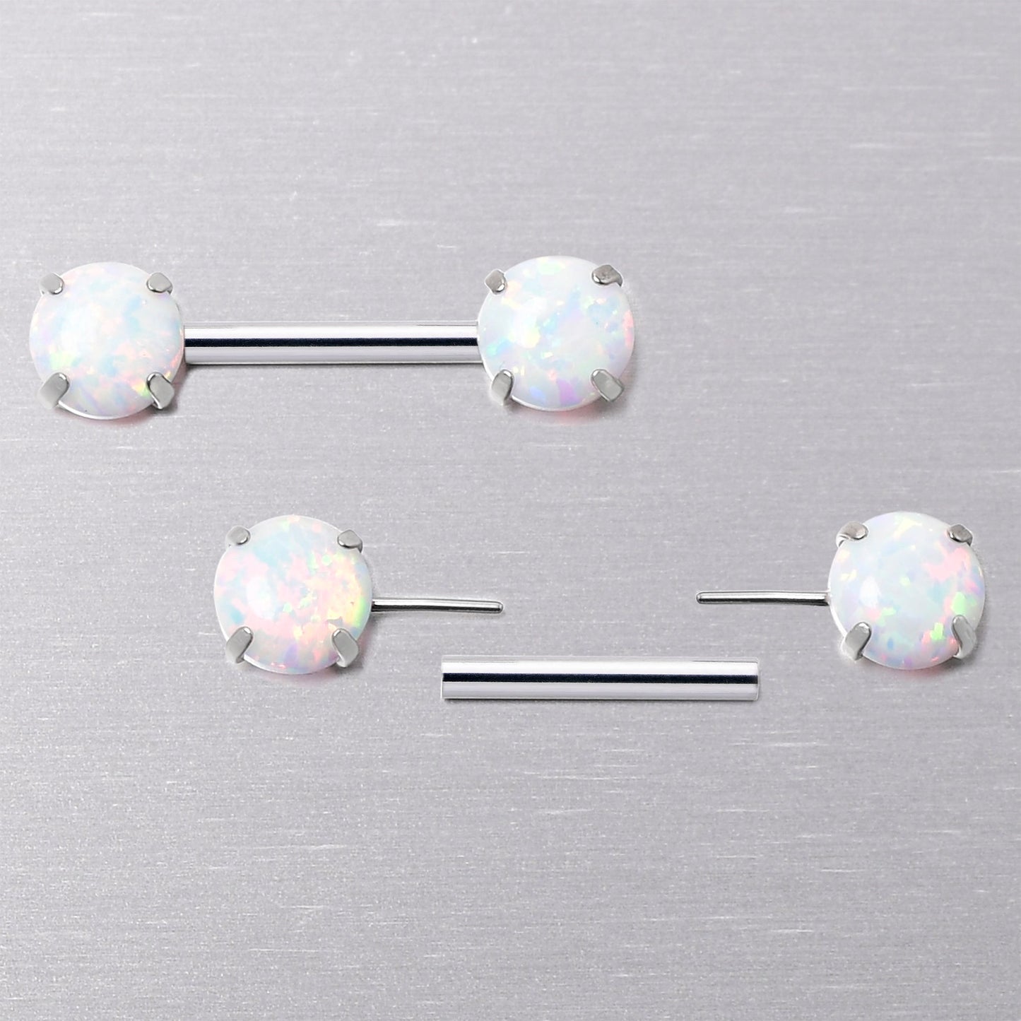 14G 1/2 White Synthetic Opal Threadless Barbell Nipple Ring Set