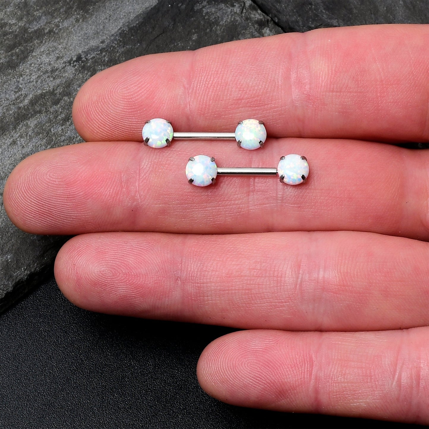 14G 1/2 White Synthetic Opal Threadless Barbell Nipple Ring Set