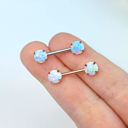 14G 1/2 White Synthetic Opal Threadless Barbell Nipple Ring Set