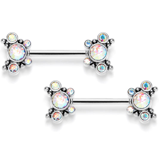 14G 9/16 Aurora CZ Gem Circles Threadless Barbell Nipple Ring Set