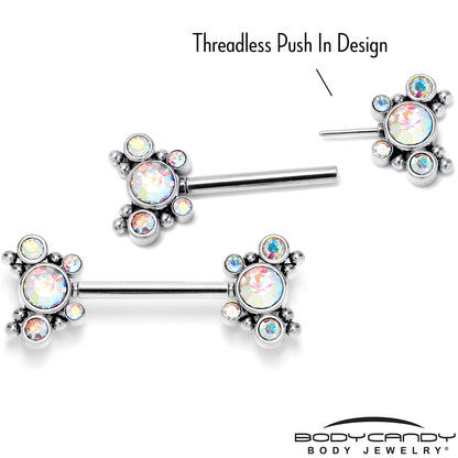 14G 9/16 Aurora CZ Gem Circles Threadless Barbell Nipple Ring Set
