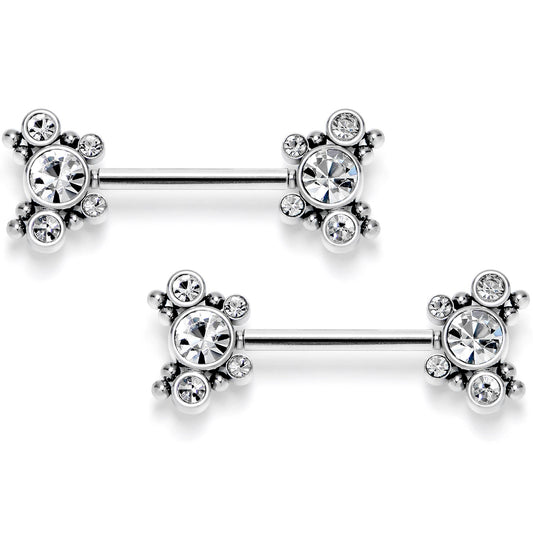14G 9/16 Clear CZ Gem Circles Threadless Barbell Nipple Ring Set