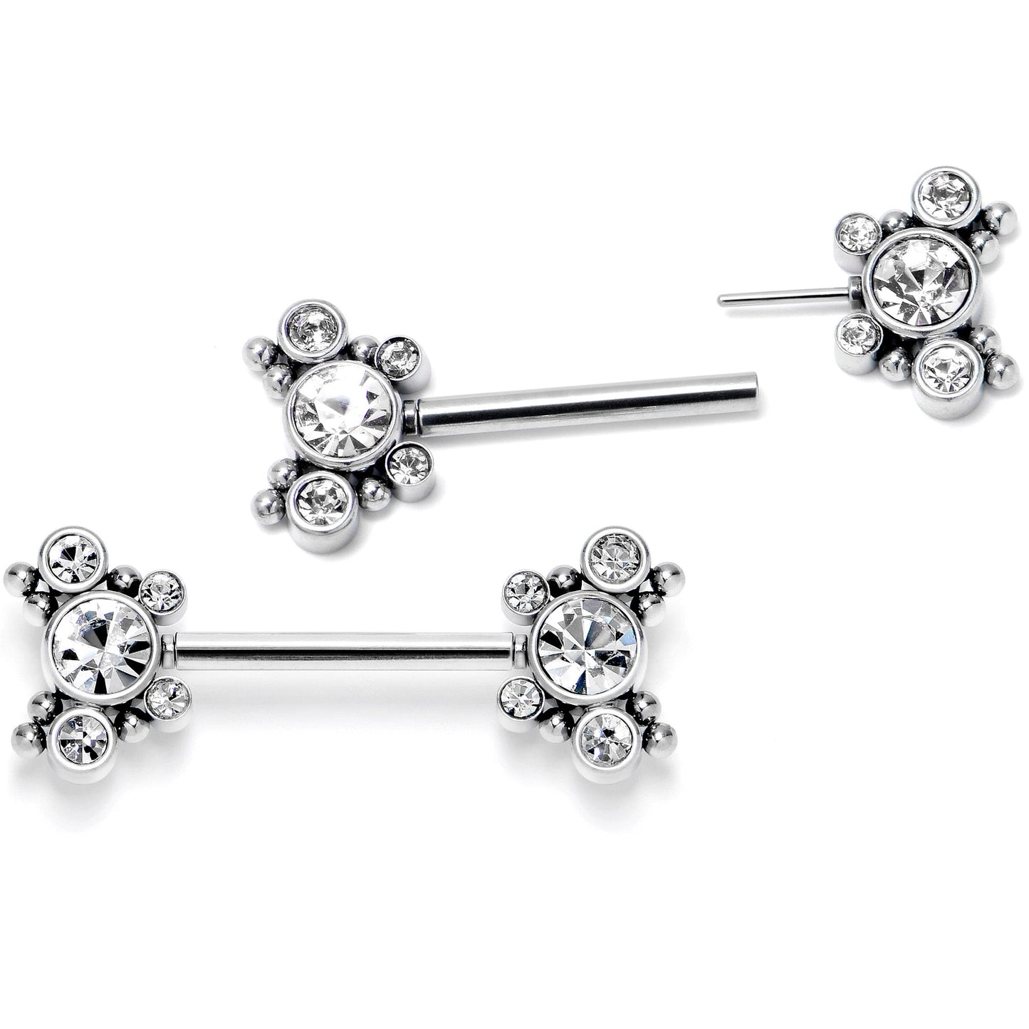 14G 9/16 Clear CZ Gem Circles Threadless Barbell Nipple Ring Set