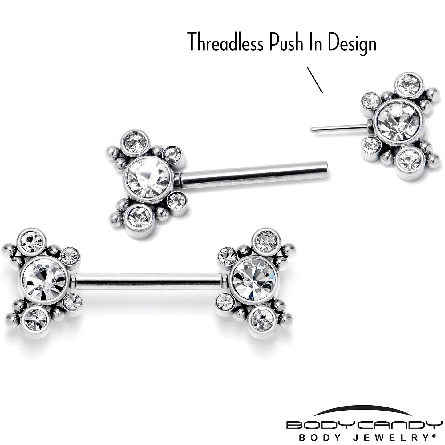 14G 9/16 Clear CZ Gem Circles Threadless Barbell Nipple Ring Set