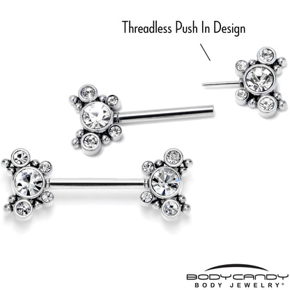 14G 9/16 Clear CZ Gem Circles Threadless Barbell Nipple Ring Set