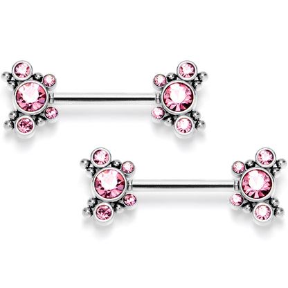 14G 9/16 Pink CZ Gem Circles Threadless Barbell Nipple Ring Set